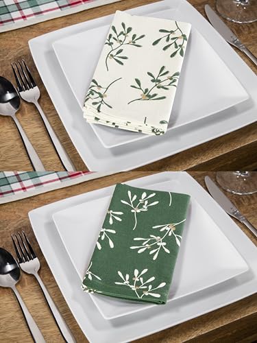 Premier Decorations Set of 4 Christmas Misteltoe Reusable Cotton Napkins Green and Cream Festive Tableware Xmas Novelty Gift 40cm x 40cm von Premier