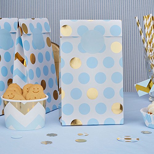 Papiertüten Punkte hellblau gold 20 x 12 x 6 cm 5 Stück - Geschenktüten Hochzeit Candy Bags Kindergeburtstag Mitgebsel Kinderparty Paper Bags Candy Bar Bonbontüten Süßigkeiten-Tüten Dots hellblau gold von Premium Weddings