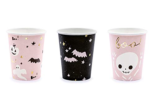 Premium Weddings Halloween Pappbecher rosa/schwarz, 6 Stück - Grusel Deko Fledermaus Gespenst Kürbis Skelett Halloween Party Becher von Premium Weddings