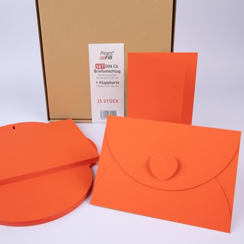 PresentFill® - blanko Falt-Karten inkl. Briefumschläge mit Herz Verschluß - 25er Set - Orange - Klappkarten zum selbst gestalten, beschriften oder bedrucken - DIN A6 / C6 von Present Fill