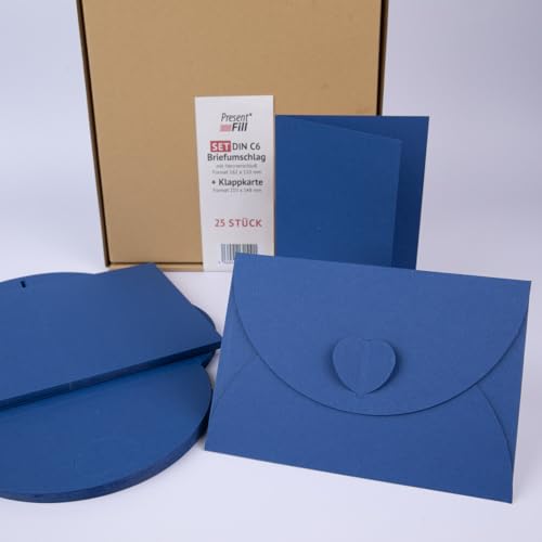 PresentFill® - blanko Falt-Karten inkl. Briefumschläge mit Herz Verschluß - 25er Set - Saphir Blau - Klappkarten zum selbst gestalten, beschriften oder bedrucken - DIN A6 / C6 von Present Fill