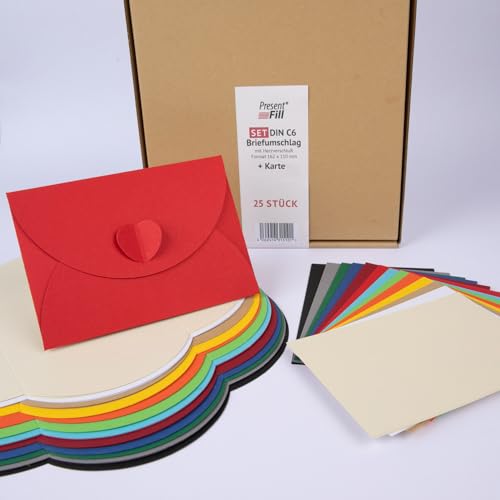 PresentFill® - blanko Falt-Karten inkl. Briefumschläge mit Herz Verschluß - 26er Set - Bunt - Klappkarten zum selbst gestalten, beschriften oder bedrucken - DIN A6 / C6 von Present Fill