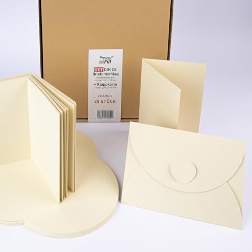 PresentFill® - blanko Falt-Karten inkl. Briefumschläge mit Herz Verschluß - 50er Set - Chamois Creme Beige - Klappkarten zum selbst gestalten, beschriften oder bedrucken - DIN A6 / C6 von Present Fill