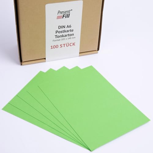 PresentFill® - blanko Postkarten Tonkarton Apfel Grün, Papier-Karten Set 100 Stück 210 g/m² -DIN A6-105 x 148 mm zum Selbstgestalten, beschriften oder bedrucken als Bastelkarton, Karteikarten von Present Fill