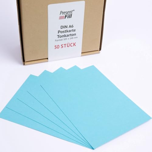 PresentFill® - blanko Postkarten Tonkarton Azur Blau, Papier-Karten Set 50 Stück 210 g/m² -DIN A6-105 x 148 mm zum Selbstgestalten, beschriften oder bedrucken als Bastelkarton, Karteikarten von Present Fill