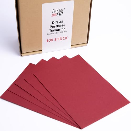 PresentFill® - blanko Postkarten Tonkarton Bordeaux Rot, Papier-Karten Set 100 Stück 210 g/m² -DIN A6-105 x 148 mm zum Selbstgestalten, beschriften oder bedrucken als Bastelkarton, Karteikarten von Present Fill