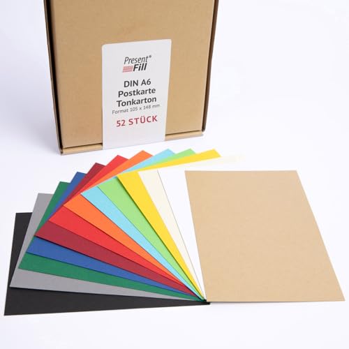 PresentFill® - blanko Postkarten Tonkarton Bunt, Papier-Karten Set 52 Stück 210 g/m² -DIN A6-105 x 148 mm zum Selbstgestalten, beschriften oder bedrucken als Bastelkarton, Karteikarten von Present Fill