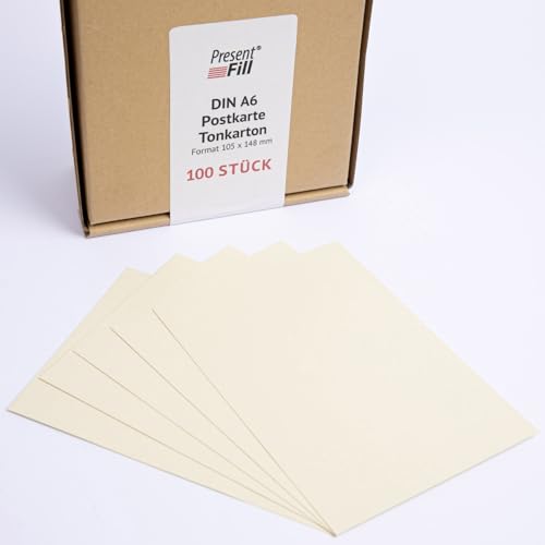 PresentFill® - blanko Postkarten Tonkarton Chamois Creme Beige, Papier-Karten Set 100 Stück 210 g/m² -DIN A6-105 x 148 mm zum Selbstgestalten, beschriften oder bedrucken als Bastelkarton, Karteikarten von Present Fill