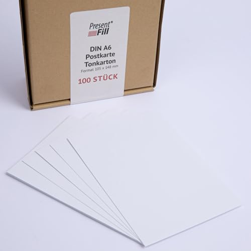 PresentFill® - blanko Postkarten Tonkarton Diamant Weiß, Papier-Karten Set 100 Stück 210 g/m² -DIN A6-105 x 148 mm zum Selbstgestalten, beschriften oder bedrucken als Bastelkarton, Karteikarten von Present Fill