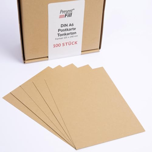 PresentFill® - blanko Postkarten Tonkarton NaturBraun, Papier-Karten Set 100 Stück 210 g/m² -DIN A6-105 x 148 mm zum Selbstgestalten, beschriften oder bedrucken als Bastelkarton, Karteikarten von Present Fill