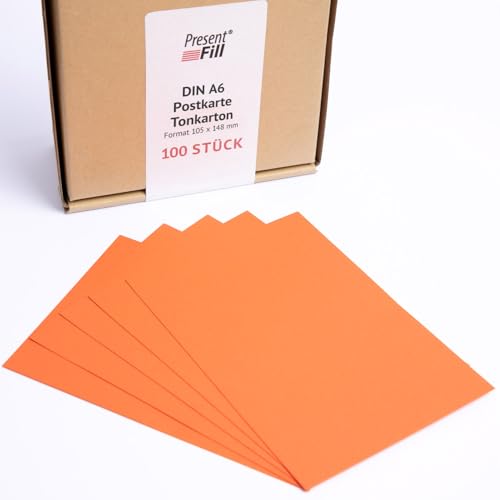 PresentFill® - blanko Postkarten Tonkarton Orange, Papier-Karten Set 100 Stück 210 g/m² -DIN A6-105 x 148 mm zum Selbstgestalten, beschriften oder bedrucken als Bastelkarton, Karteikarten von Present Fill