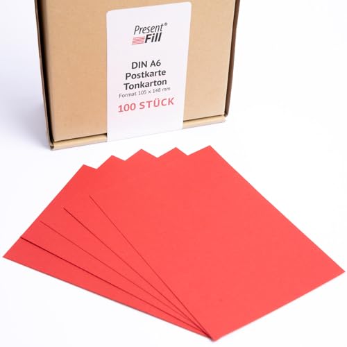 PresentFill® - blanko Postkarten Tonkarton Rubin Rot, Papier-Karten Set 100 Stück 210 g/m² -DIN A6-105 x 148 mm zum Selbstgestalten, beschriften oder bedrucken als Bastelkarton, Karteikarten von Present Fill