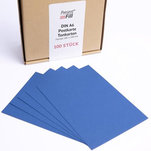 PresentFill® - blanko Postkarten Tonkarton Saphir Blau, Papier-Karten Set 100 Stück 210 g/m² -DIN A6-105 x 148 mm zum Selbstgestalten, beschriften oder bedrucken als Bastelkarton, Karteikarten von Present Fill