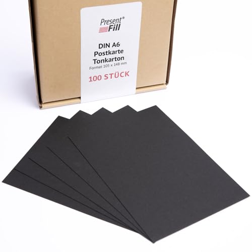 PresentFill® - blanko Postkarten Tonkarton Schwarz, Papier-Karten Set 100 Stück 210 g/m² -DIN A6-105 x 148 mm zum Selbstgestalten, beschriften oder bedrucken als Bastelkarton, Karteikarten von Present Fill