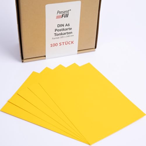 PresentFill® - blanko Postkarten Tonkarton Sonnen Gelb, Papier-Karten Set 100 Stück 210 g/m² -DIN A6-105 x 148 mm zum Selbstgestalten, beschriften oder bedrucken als Bastelkarton, Karteikarten von Present Fill