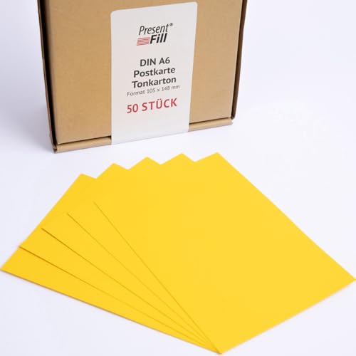 PresentFill® - blanko Postkarten Tonkarton Sonnen Gelb, Papier-Karten Set 50 Stück 210 g/m² -DIN A6-105 x 148 mm zum Selbstgestalten, beschriften oder bedrucken als Bastelkarton, Karteikarten von Present Fill