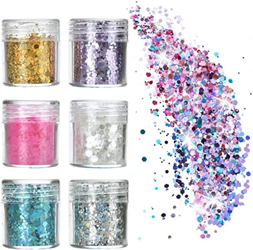 Pretop 6 x Glitzer Make up Set | Glitzer für Musik Festival, Masquerade, Halloween, Party, Weihnachten, Kunst & Handwerk, Körperglitzer | Glitzerpulver | Glitzer Sequin | Chunky Glitter von Pretop