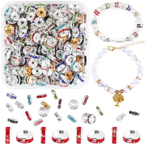 400 Stück Kristall Rondelle Spacer Perlen 8mm Zwischenperlen Strass Spacer Beads Metallperlen 10 Farben Loose Round Perlen für DIY Armbänder Ohrringe Halskette Schmuck Dekorationen von Prettme