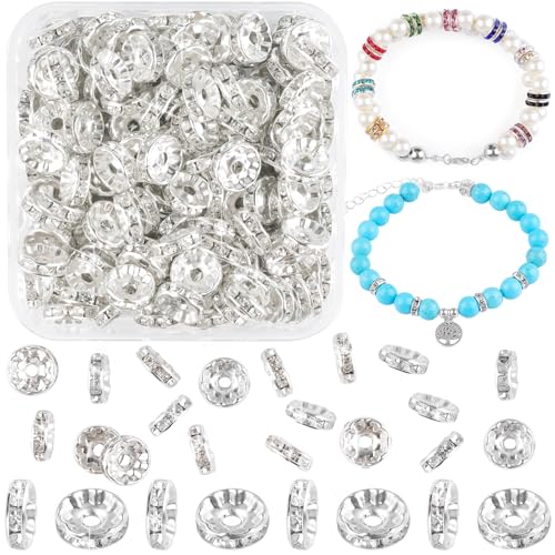 400 Stück Rondelle Spacer Perlen 10mm Strass Zwischenperlen Silber Metallperlen Kristall Loose Round Abstandsperlen für DIY Armbänder Ohrringe Halskette Schmuck Dekorationen von Prettme