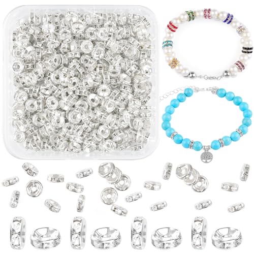 400 Stück Rondelle Spacer Perlen 8mm Strass Zwischenperlen Silber Metallperlen Kristall Loose Round Abstandsperlen für DIY Armbänder Ohrringe Halskette Schmuck Dekorationen von Prettme