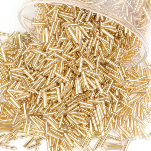 4000 Stück Röhrenperlen 7x2mm Perlen für Armbänder, Tube Perlen Gerade Röhrchen Perlen Bugle Perlen Kleine Glasperlen Bastelperlen für DIY Halskette Ohrring Handwerk Gold von Prettme