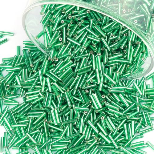 4000 Stück Röhrenperlen 7x2mm Perlen für Armbänder, Tube Perlen Gerade Röhrchen Perlen Bugle Perlen Kleine Glasperlen Bastelperlen für DIY Halskette Ohrring Handwerk Grasgrün von Prettme