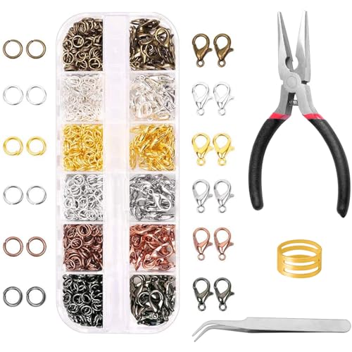 Kettenverschluss Verschlüsse für Armbänder, 120 Stück Karabinerverschluss und 900 Stück Biegeringe mit Schmuckzange Pinzette Sprungringöffner für Schmuckhandwer DIY und Reparatur Kit von Prettme