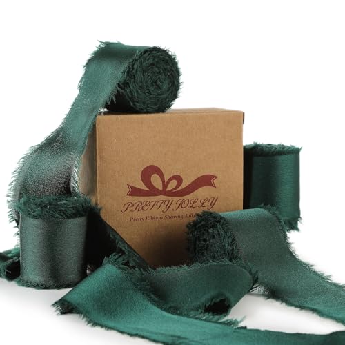 Dunkelgrünes Seidensatinband für Blumenstrauß, 4 Rollen, 3,8 cm x 4,5 m, handgefertigtes, ausgefranstes Stoffband für Geschenkverpackungen, Basteln, Babypartys, Hochzeitseinladungen, Haarschleifen und von Pretty Jolly