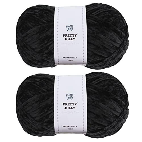 Pretty Jolly 2 Knäuel weiches Chenille-Garn, Samtgarn, ausgefallenes Garn zum Häkeln, Weben, DIY, Basteldecke, Garn zum Stricken, insgesamt 2 × 255 m, 2 × 150 g, Schwarz von Pretty Jolly