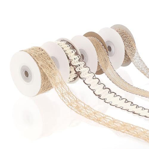 Pretty Jolly Braunes Juteband für Geschenkverpackungen, 2,5 cm, Netzband für Kränze, natürliche Jutebänder für Weihnachtsbaum, Hochzeit, Basteln, Schleifen, rustikale Dekoration, 4 Rollen, 22 m von Pretty Jolly