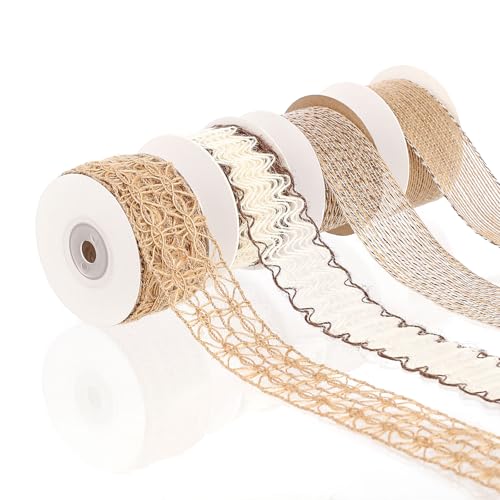 Pretty Jolly Braunes Juteband für Geschenkverpackungen, 3,8 cm Netzband für Kränze, natürliche Jutebänder für Weihnachtsbaum, Hochzeit, Basteln, Schleifen, rustikale Dekoration, 4 Rollen, 22 m von Pretty Jolly