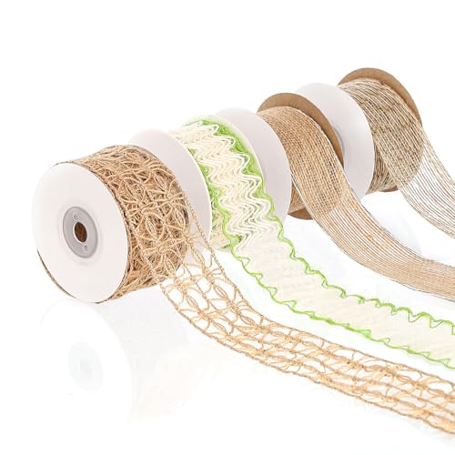 Pretty Jolly Frühlingsgrünes Juteband für Geschenkverpackungen, 3,8 cm Netzband für Kränze, natürliche Jutebänder für Weihnachtsbaum, Hochzeit, Basteln, Schleifen, rustikale Dekoration, 4 Rollen, 22 m von Pretty Jolly