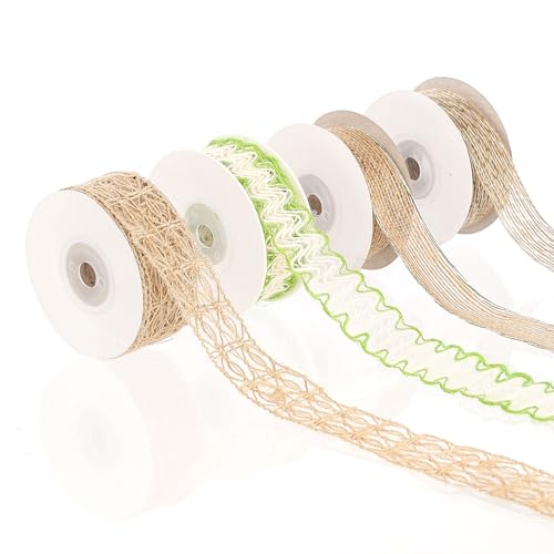 Pretty Jolly Frühlingsgrünes Juteband zum Verpacken von Geschenken, 2,5 cm, Netzband für Kränze, natürliche Jutebänder für Weihnachtsbaum, Hochzeit, Basteln, Schleifen, rustikale Dekoration, 4 Rollen, von Pretty Jolly