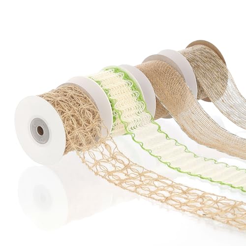 Pretty Jolly Frühlingsgrünes Juteband zum Verpacken von Geschenken, 5,1 cm, Netzband für Kränze, natürliche Jutebänder für Weihnachtsbaum, Hochzeit, Basteln, Schleifen, rustikale Dekoration, 4 Rollen, von Pretty Jolly