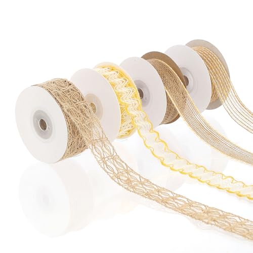 Pretty Jolly Gelbes Juteband für Geschenkverpackungen, 2,5 cm, Netzband für Kränze, natürliche Jutebänder für Weihnachtsbaum, Hochzeit, Basteln, Schleifen, rustikale Dekoration, 4 Rollen, 22 m von Pretty Jolly