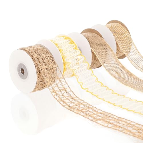 Pretty Jolly Gelbes Juteband für Geschenkverpackungen, 3,8 cm Netzband für Kränze, natürliche Jutebänder für Weihnachtsbaum, Hochzeit, Basteln, Schleifen, rustikale Dekoration, 4 Rollen, 22 m von Pretty Jolly