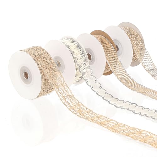 Pretty Jolly Graues Juteband für Geschenkverpackungen, 2,5 cm, Netzband für Kränze, natürliche Jutebänder für Weihnachtsbaum, Hochzeit, Basteln, Schleifen, rustikale Dekoration, 4 Rollen, 22 m von Pretty Jolly