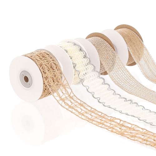 Pretty Jolly Graues Juteband für Geschenkverpackungen, 3,8 cm Netzband für Kränze, natürliche Jutebänder für Weihnachtsbaum, Hochzeit, Basteln, Schleifen, rustikale Dekoration, 4 Rollen, 22 m von Pretty Jolly