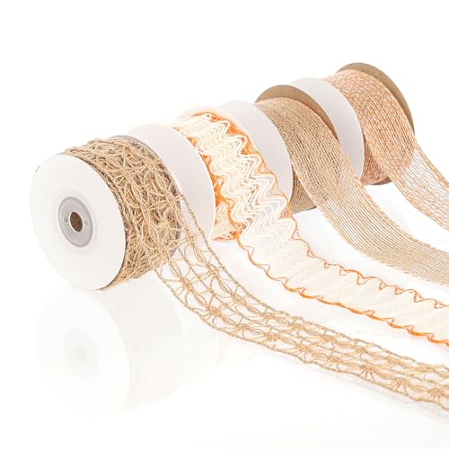 Pretty Jolly Orangefarbenes Juteband für Geschenkverpackungen, 3,8 cm Netzband für Kränze, natürliche Jutebänder für Weihnachtsbaum, Hochzeit, Basteln, Schleifen, rustikale Dekoration, 4 Rollen, 22 von Pretty Jolly