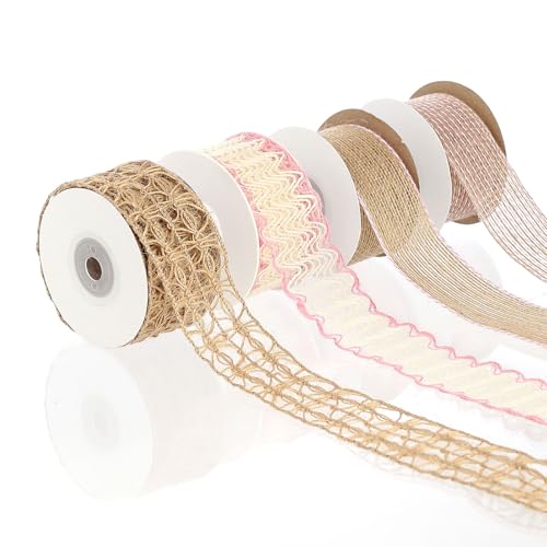 Pretty Jolly Rosa Juteband für Geschenkverpackungen, 3,8 cm Netzband für Kränze, natürliche Jutebänder für Weihnachtsbaum, Hochzeit, Basteln, Schleifen, rustikale Dekoration, 4 Rollen, 22 Meter von Pretty Jolly