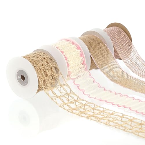 Pretty Jolly Rosa Juteband für Geschenkverpackungen, 5,1 cm, Netzband für Kränze, natürliche Jutebänder für Weihnachtsbaum, Hochzeit, Basteln, Schleifen, rustikale Dekoration, 4 Rollen, 22 m von Pretty Jolly