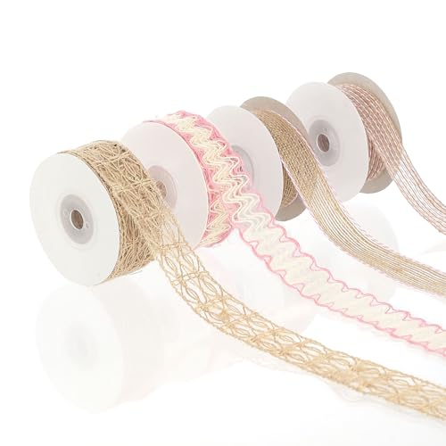 Pretty Jolly Rosa Juteband zum Verpacken von Geschenken, 2,5 cm Netzband für Kränze, natürliche Jutebänder für Weihnachtsbaum, Hochzeit, Basteln, Schleifen, rustikale Dekoration, 4 Rollen, 22 m von Pretty Jolly