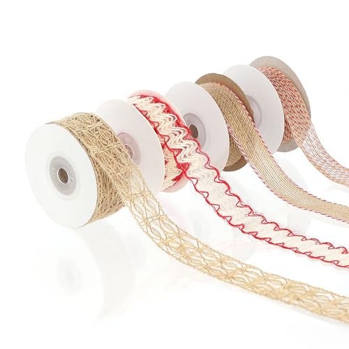 Pretty Jolly Rotes Juteband für Geschenkverpackungen, 2,5 cm, Netzband für Kränze, natürliche Jutebänder für Weihnachtsbaum, Hochzeit, Basteln, Schleifen, rustikale Dekoration, 4 Rollen, 22 m von Pretty Jolly