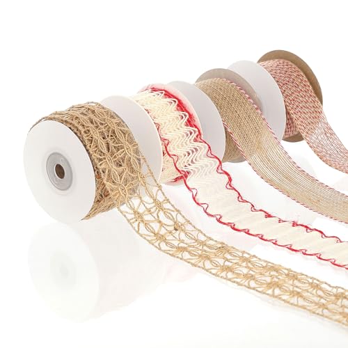 Pretty Jolly Rotes Juteband für Geschenkverpackungen, 3,8 cm Netzband für Kränze, natürliche Jutebänder für Weihnachtsbaum, Hochzeit, Basteln, Schleifen, rustikale Dekoration, 4 Rollen, 22 Meter von Pretty Jolly