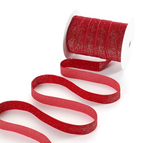 Pretty Jolly Rotes Samtband, 2,5 cm x 45,7 m, Glitzerband zum Verpacken von Geschenken, einseitig, glitzerndes Band für Weihnachtsbaum, Kranz, Dekoration, Haarschleifen, Bänder zum Basteln von Pretty Jolly