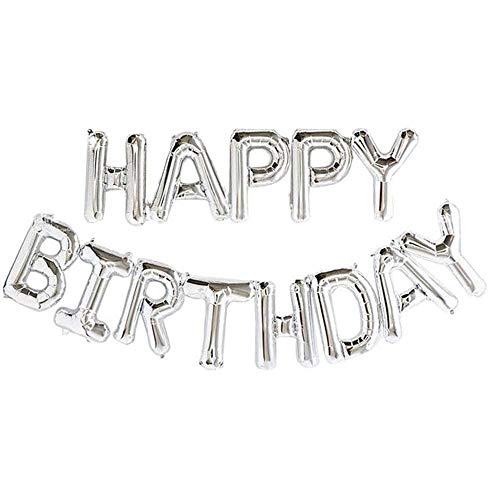 Selbstaufblasende Happy Birthday Banner Ballon Wimpelkette Silber 40,6 cm Buchstaben Folie/40,6 cm Mylar-Folie Buchstaben Luftballons Banner Wiederverwendbares umweltfreundliches Material für von Prettyui