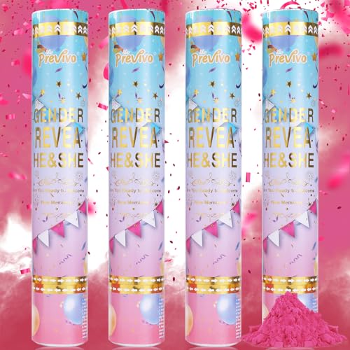 Previvo Gender Reveal Konfetti-Pulverkanone – 4 Stück, rosa Baby-Gender Reveal Poppers – 100 % biologisch abbaubarer Puderrauch – Ideen, Partygeschenke von Previvo