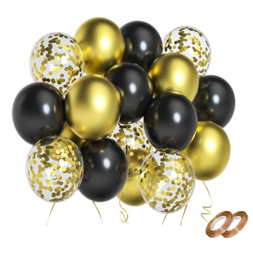 Gold Konfetti und Schwarz Luftballons, 60 Stück 30cm Metallic Gold Schwarz Latex Luftballons Party Luftballons Helium Luftballons für Babyparty Geburtstag Schulabschluss Hochzeitsfeier Dekoration von Pricl