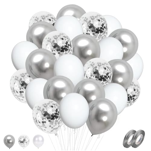 Silber Weiß Luftballons Helium Ballons Hochzeit,60 Stück 30cm Silber Konfetti Metallic Weisse Latex Luftballon Set als Jungen Geburtstag Baby Shower Taufe Party Dekoration - Pricl von Pricl