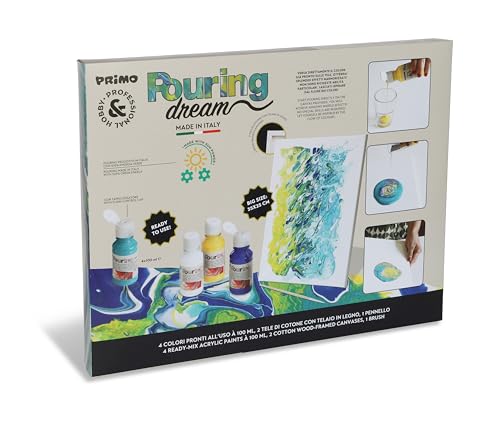 PRIMO Hobby & Professional - Malkoffer für Künstler 14 Jahren, 4 Acrylfarben + 2 Leinwandkartons + 1 Pinsel Set für die Permanente Pouring-Technik 100 ml, Acrylfarbenlack Kreatives Basteln und Hobby von Primo